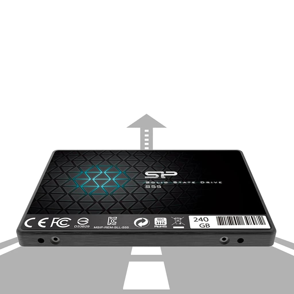SSD Silicon Power Slim S55 240 Go 2.5 pouces SATA Noir, vue dessus: logo SP éclairé en turquoise et flèche d'installation