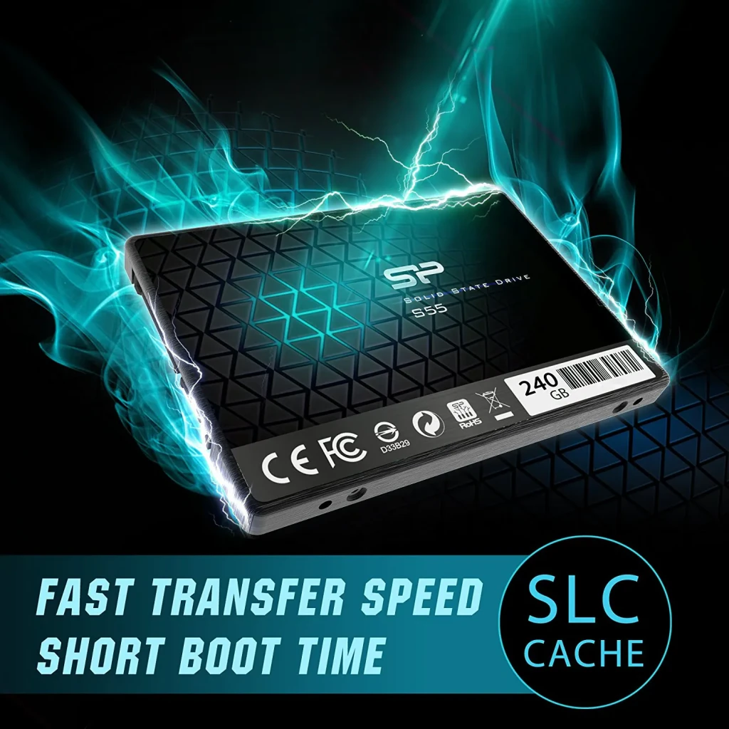 SSD Silicon Power Slim S55 240 Go 2.5 pouces SATA Noir, vue promo: boîtier à texture triangulaire avec éclairs, texte SLC