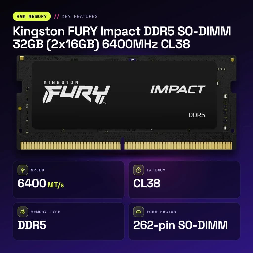 Mémoire RAM Kingston FURY Impact DDR5 SO-DIMM 32 Go (2x16 Go) 6400 MHz CL38 Noir - caractéristiques