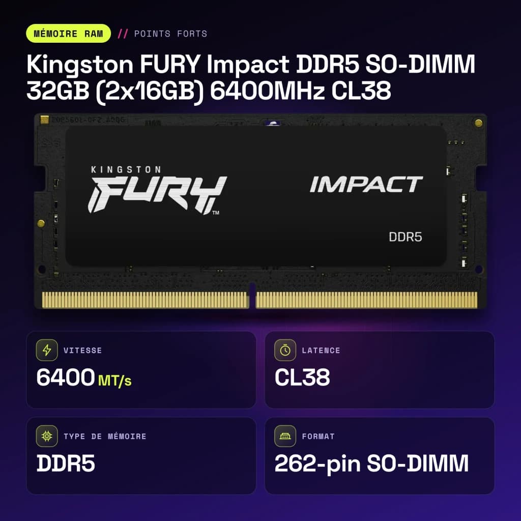 Mémoire RAM Kingston FURY Impact DDR5 SO-DIMM 32 Go (2x16 Go) 6400 MHz CL38 Noir - caractéristiques