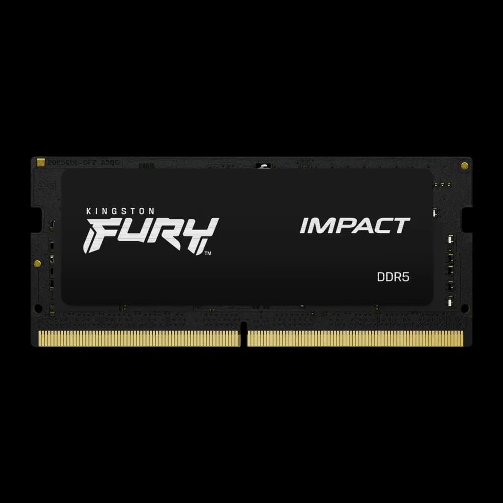 Mémoire RAM Kingston FURY Impact DDR5 SO-DIMM 32 Go (2x16 Go) 6400 MHz CL38 Noir, vue avant: module SO-DIMM avec logo FURY