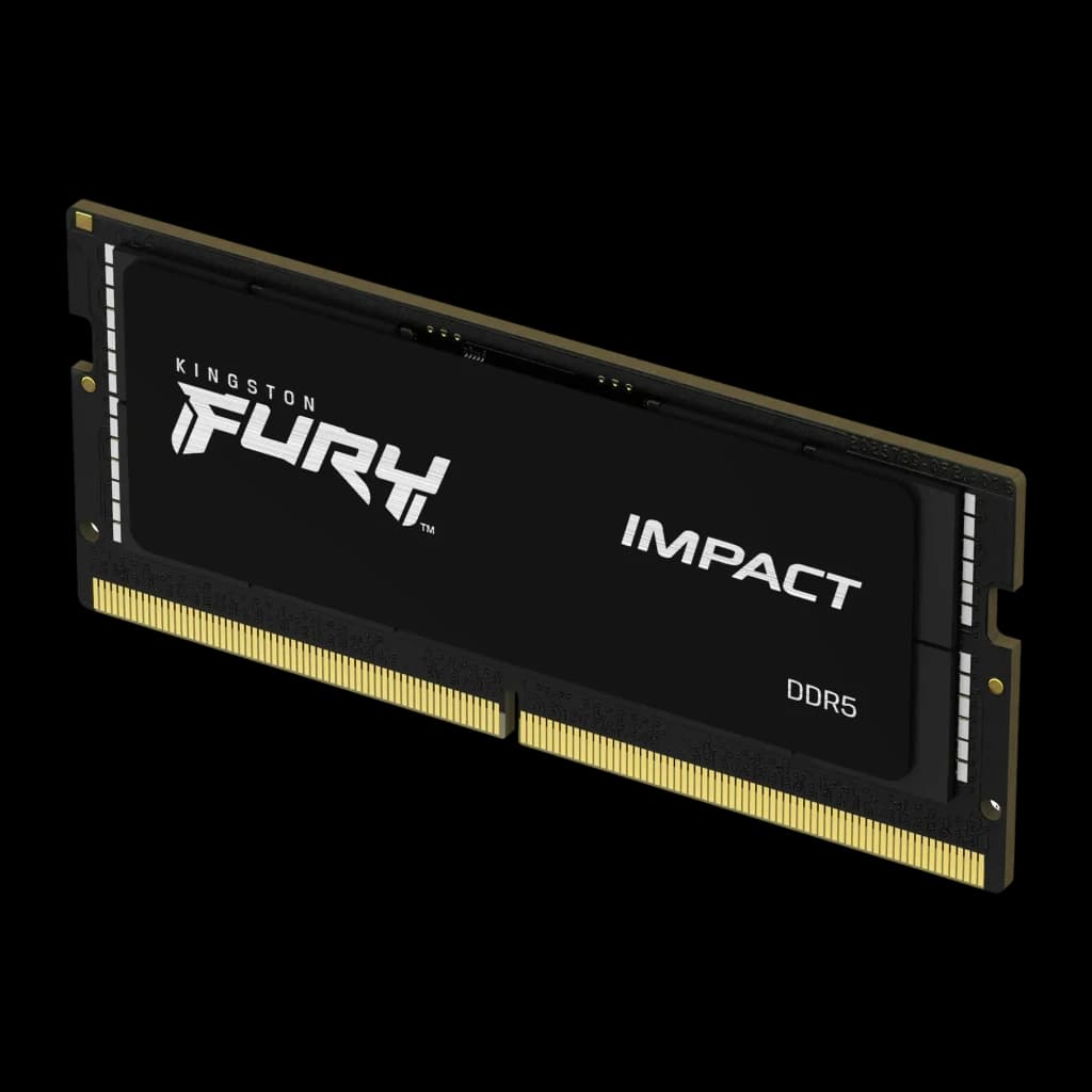 Mémoire RAM Kingston FURY Impact DDR5 SO-DIMM 32 Go (2x16 Go) 6400 MHz CL38 Noir, vue en angle: module SO-DIMM avec logo
