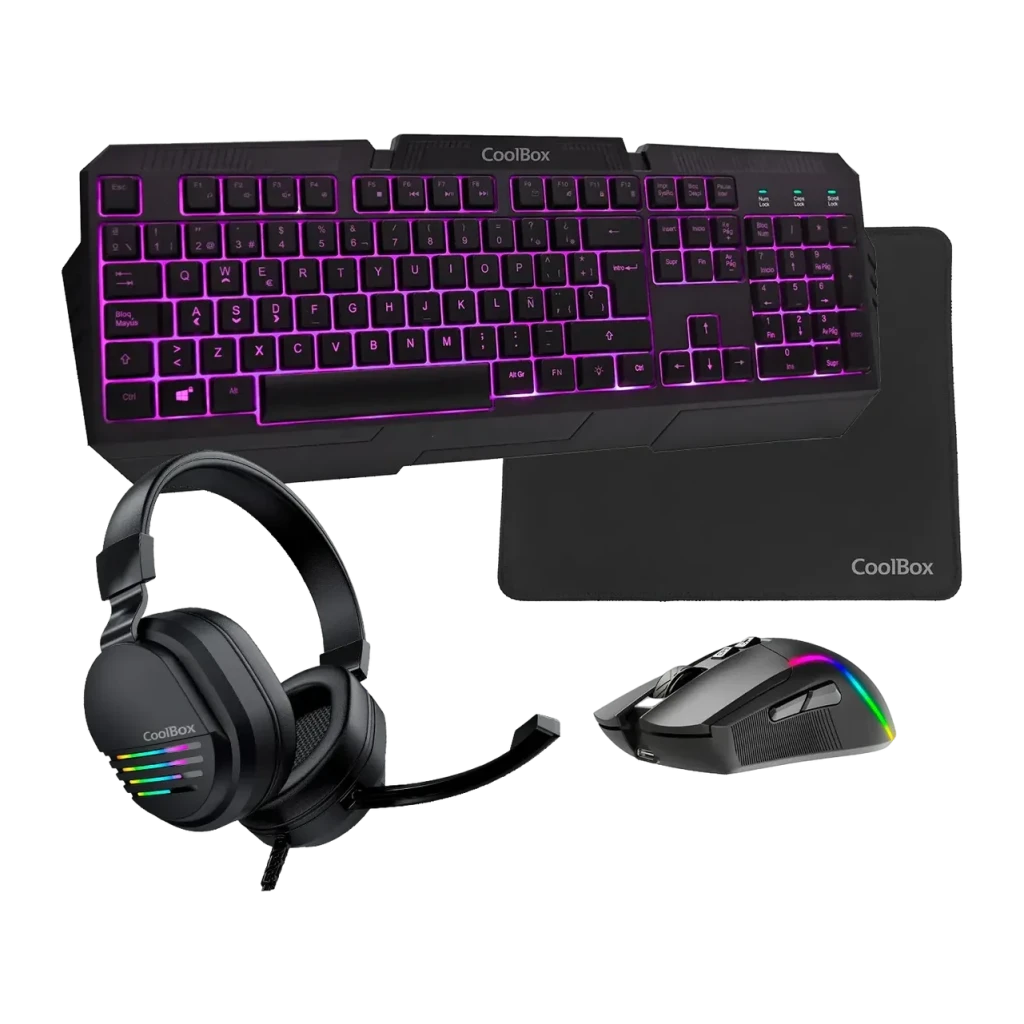 Kit Gaming CoolBox DeepGaming X-Wing 2 7200 DPI RGB LED Microphone Boom Noir, vue ensemble: clavier rétroéclairé RGB, casque