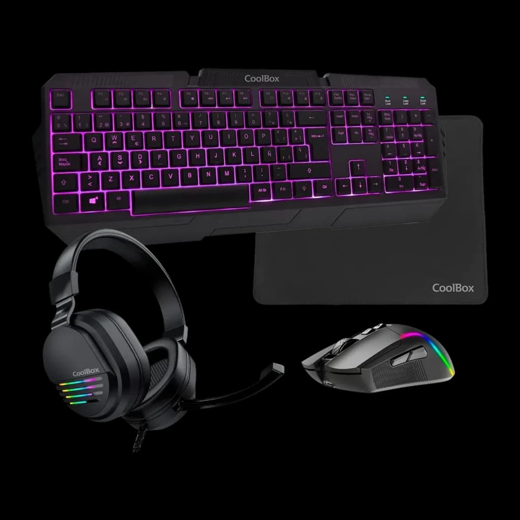 Kit Gaming CoolBox DeepGaming X-Wing 2 7200 DPI RGB LED Microphone Boom Noir, vue ensemble: clavier rétroéclairé RGB, casque