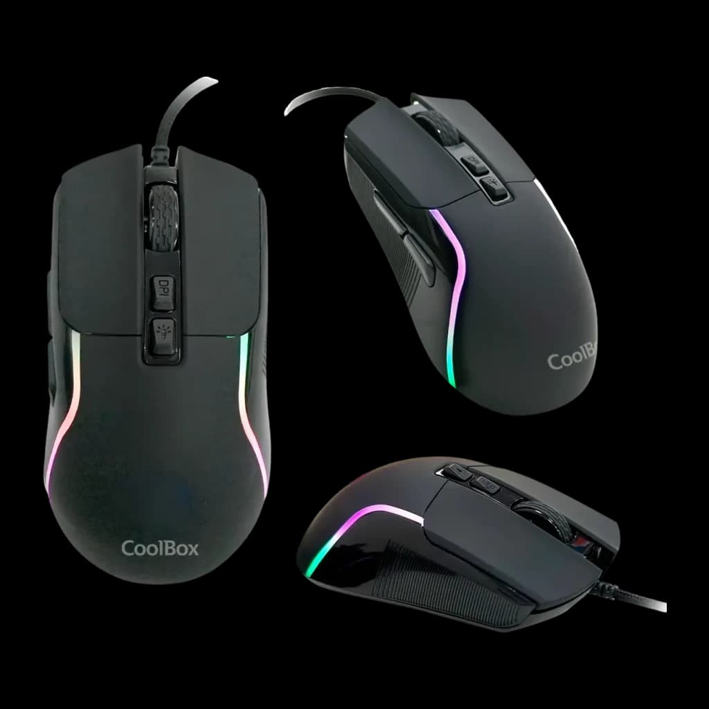Kit Gaming CoolBox DeepGaming X-Wing 2 7200 DPI RGB LED Microphone Boom Noir, trois vues: souris avec éclairage RGB latéral