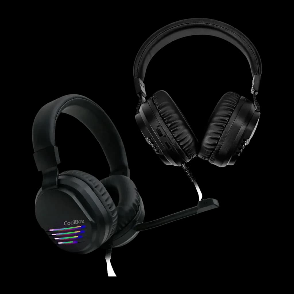Kit Gaming CoolBox DeepGaming X-Wing 2 7200 DPI RGB LED Microphone Boom Noir, deux angles: face avec RGB sur oreillette