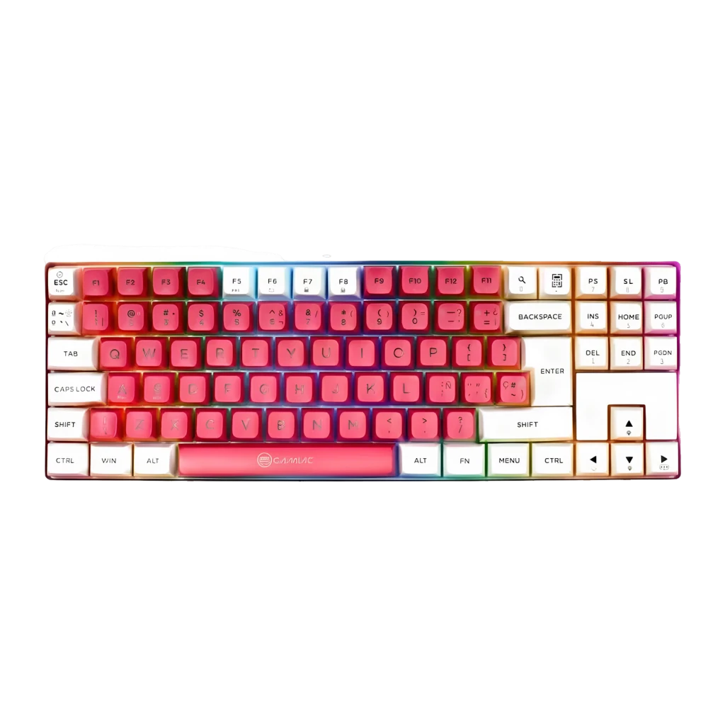 Clavier Gaming GAMIAC TKL90G Mécanique Kailh Blue RGB Espagnol TKL Blanc/Rose, vue de face: touches roses et blanches