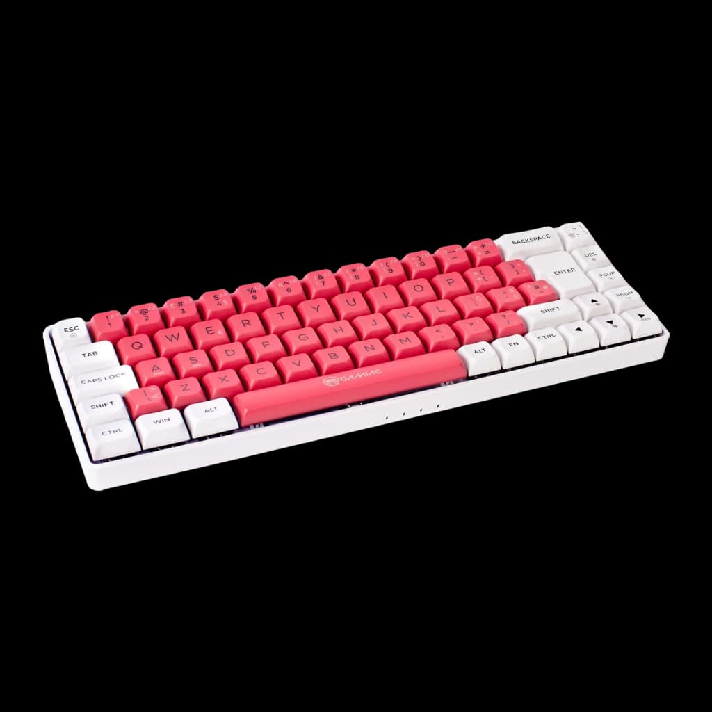 Clavier Gaming GAMIAC TKL90G Mécanique Kailh Blue RGB Espagnol TKL Blanc/Rose, vue angle gauche: touches roses et blanches