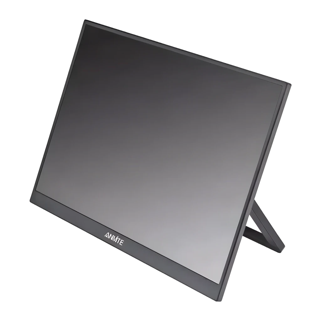 Écran portable Anmite 23,8 pouces 120Hz Full HD IPS Gris A238W03, vue de face en angle: écran éteint avec support pliable