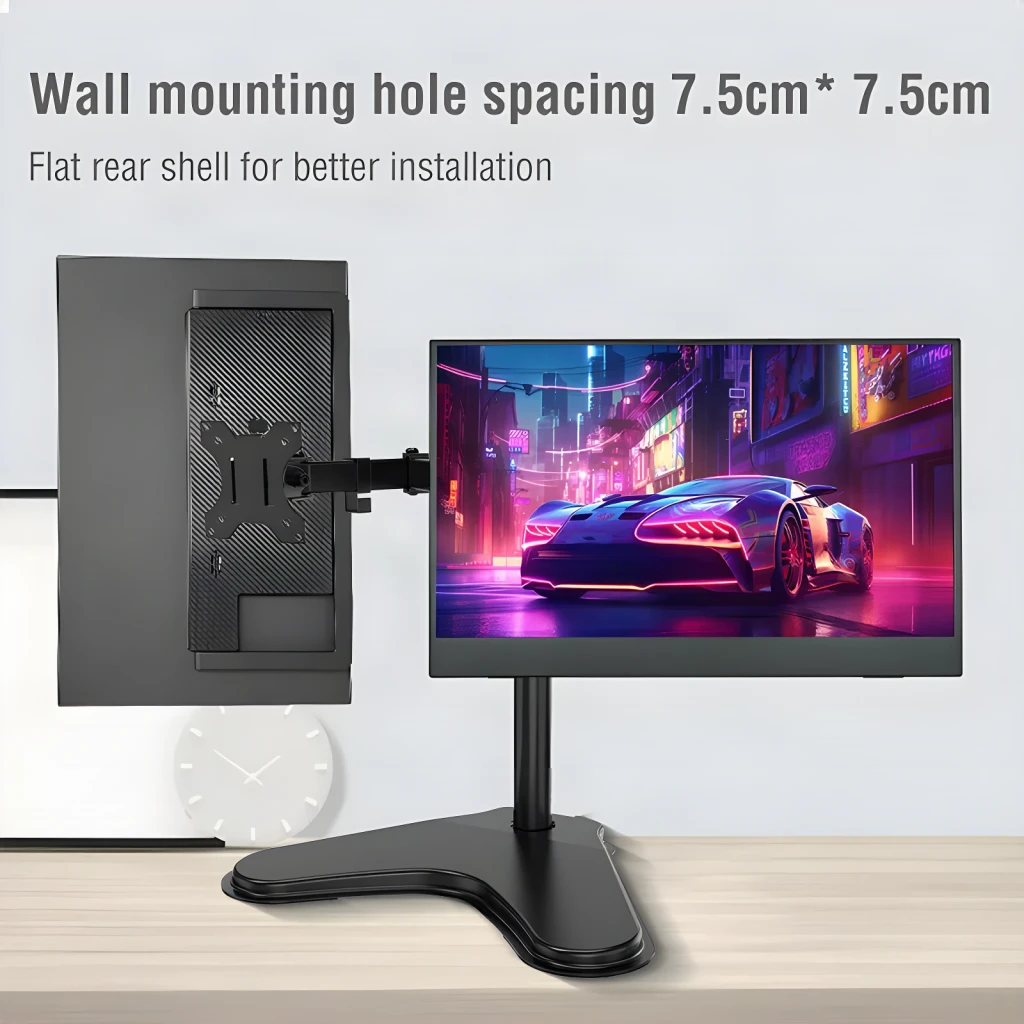 Écran portable Anmite 23,8 pouces 120Hz Full HD IPS Gris A238W03, vue arrière et avant: fixation VESA 7,5x7,5cm et pied