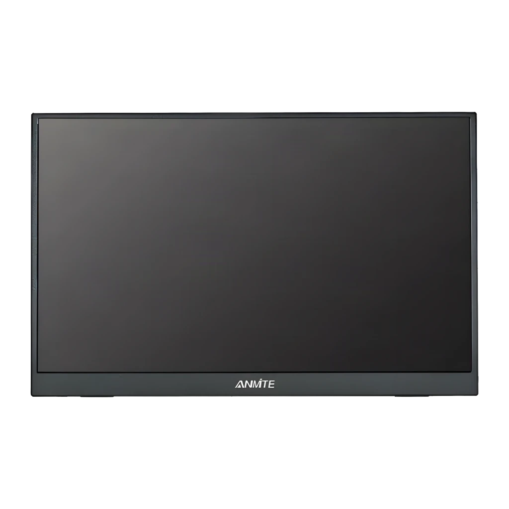 Écran portable Anmite 23,8 pouces 120Hz Full HD IPS Gris A238W03, vue de face: écran éteint et logo Anmite sur le cadre