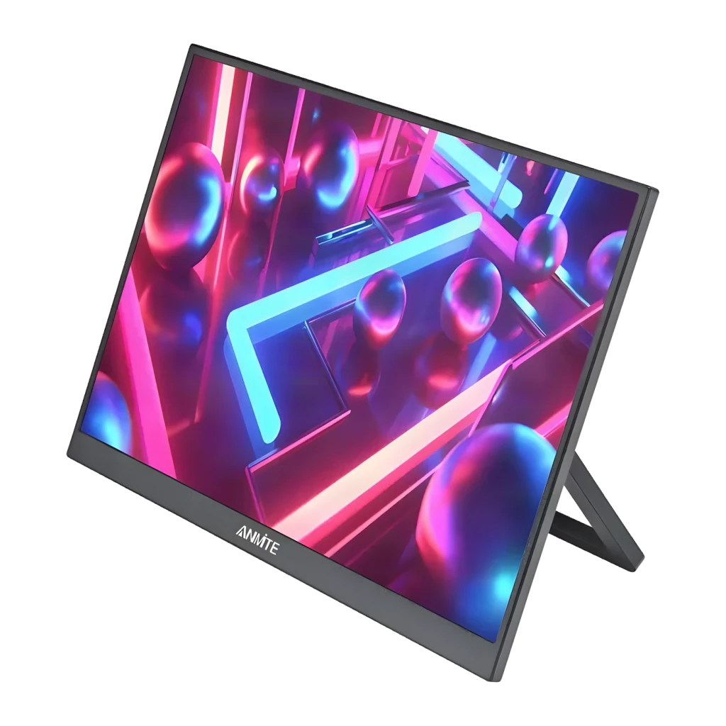 Écran portable Anmite 23,8 pouces 120Hz Full HD IPS Gris A238W03, vue latérale: écran allumé avec visuel néon et support