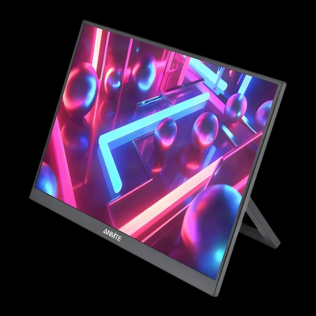 Écran portable Anmite 23,8 pouces 120Hz Full HD IPS Gris A238W03, vue latérale: écran allumé avec visuel néon et support