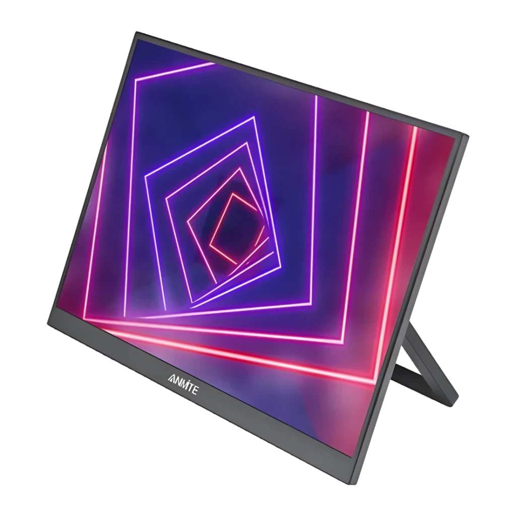 Écran portable Anmite 21,5 pouces Full HD IPS 120Hz Noir A215W03, vue en angle: écran avec graphique néon et support pliable