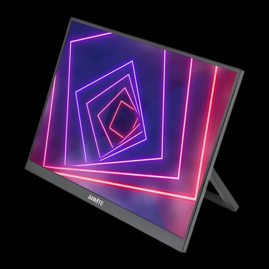 Écran portable Anmite 21,5 pouces Full HD IPS 120Hz Noir A215W03, vue en angle: écran avec graphique néon et support pliable