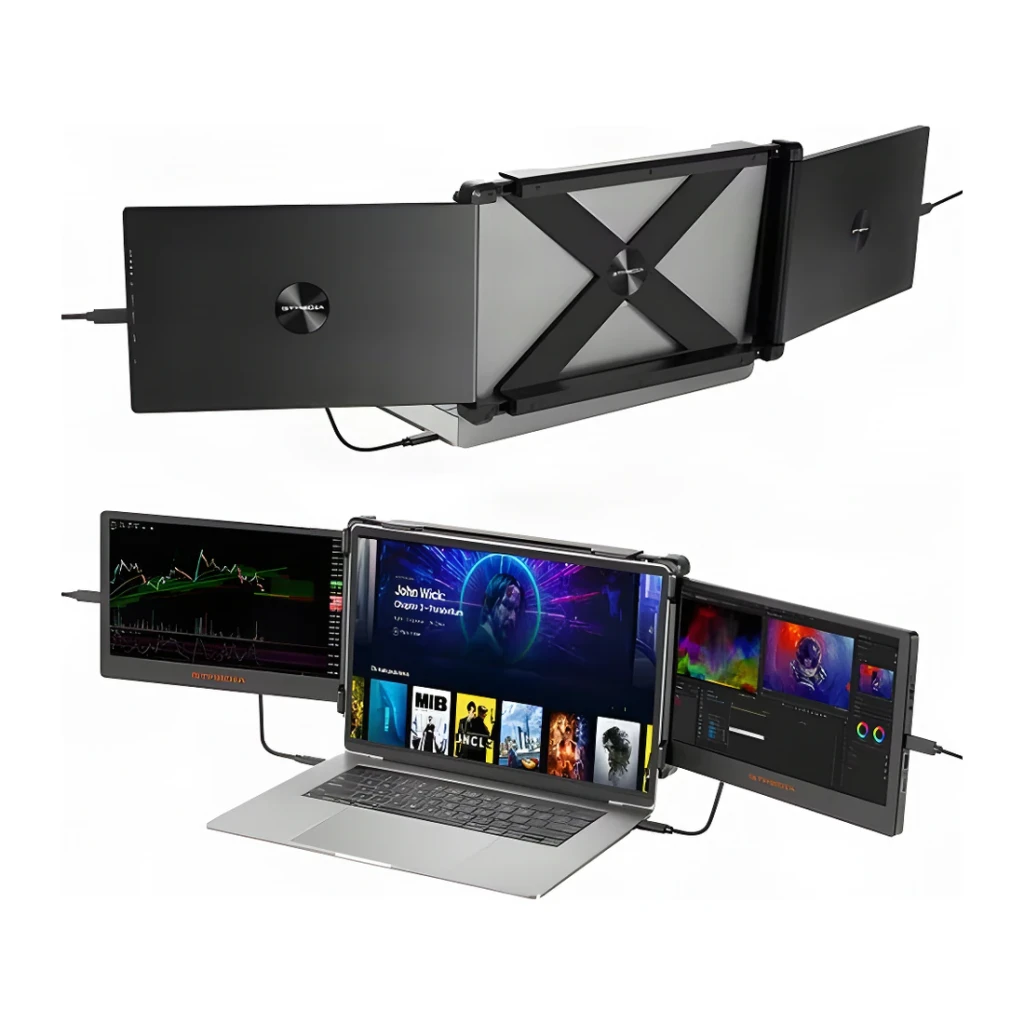 Écran portable Anmite 21,5 pouces Full HD IPS 120Hz Noir A215W03, double vue: replié dos et déployé triple écran sur laptop