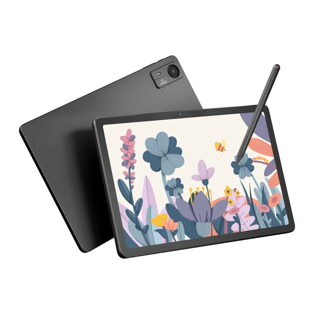 Tableta gráfica Huion Kamvas Slate 11 8GB/128GB Gris, vista frontal y trasera: pantalla con ilustración floral y lápiz stylus