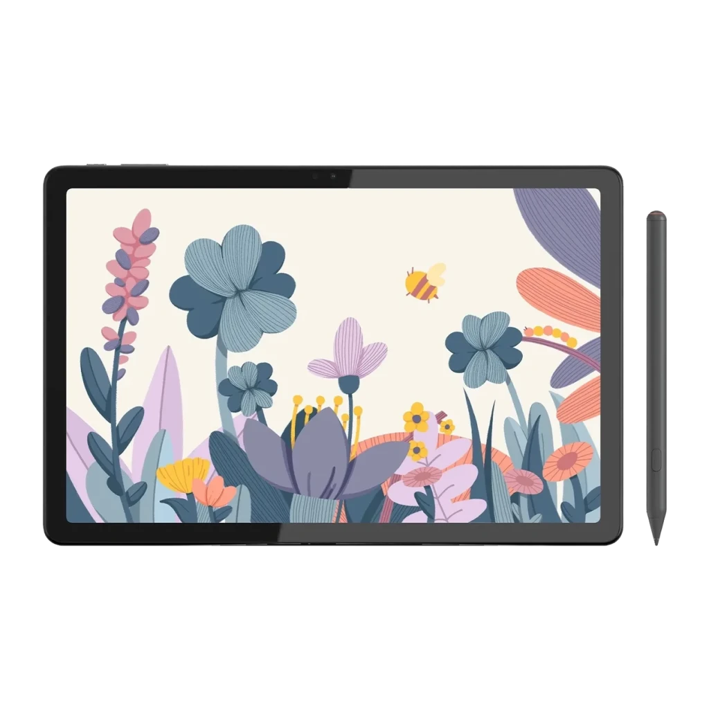Tableta gráfica Huion Kamvas Slate 11 8GB/128GB Gris, vista frontal: pantalla con ilustración floral y lápiz digital