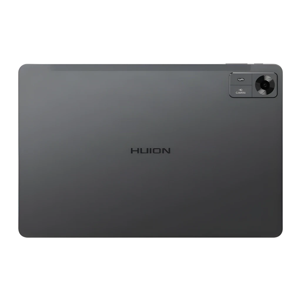 Tableta gráfica Huion Kamvas Slate 11 8GB/128GB Gris, vista trasera: carcasa gris con logo Huion y módulo de cámara HD