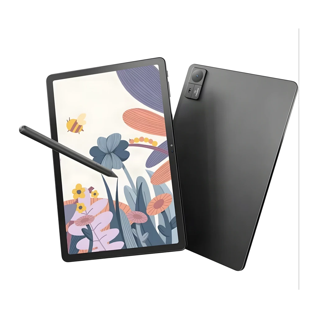 Tableta gráfica Huion Kamvas Slate 11 8GB/128GB Gris, frontal y trasera: pantalla con ilustración floral y lápiz, módulo