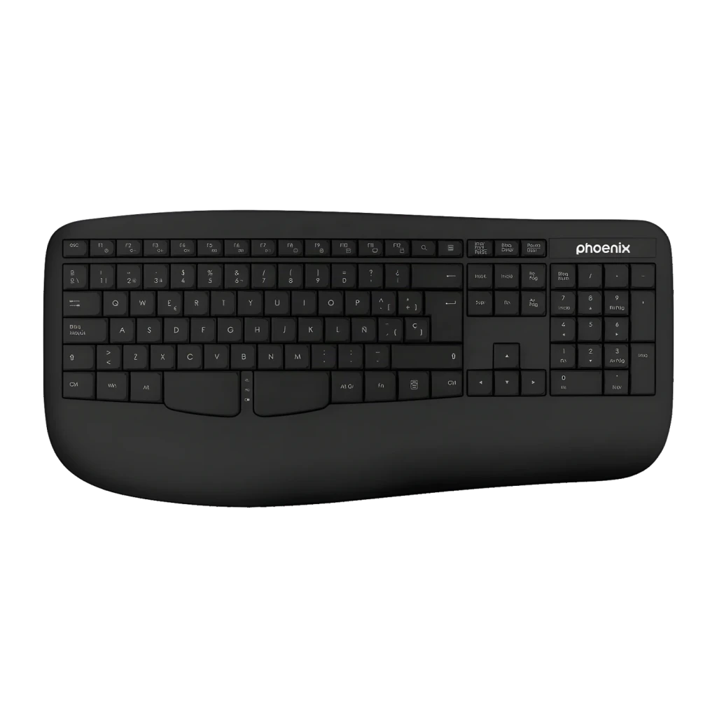 Clavier Phoenix K201 Noir Sans Fil 2.4 GHz Ergonomique avec repose-poignets, vue dessus: forme courbée, touches complètes