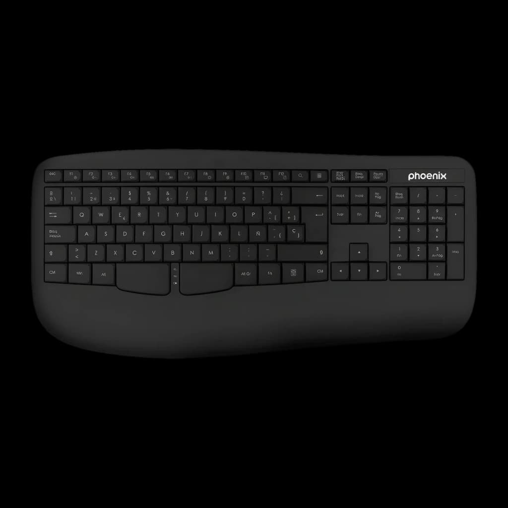 Clavier Phoenix K201 Noir Sans Fil 2.4 GHz Ergonomique avec repose-poignets, vue dessus: forme courbée, touches complètes