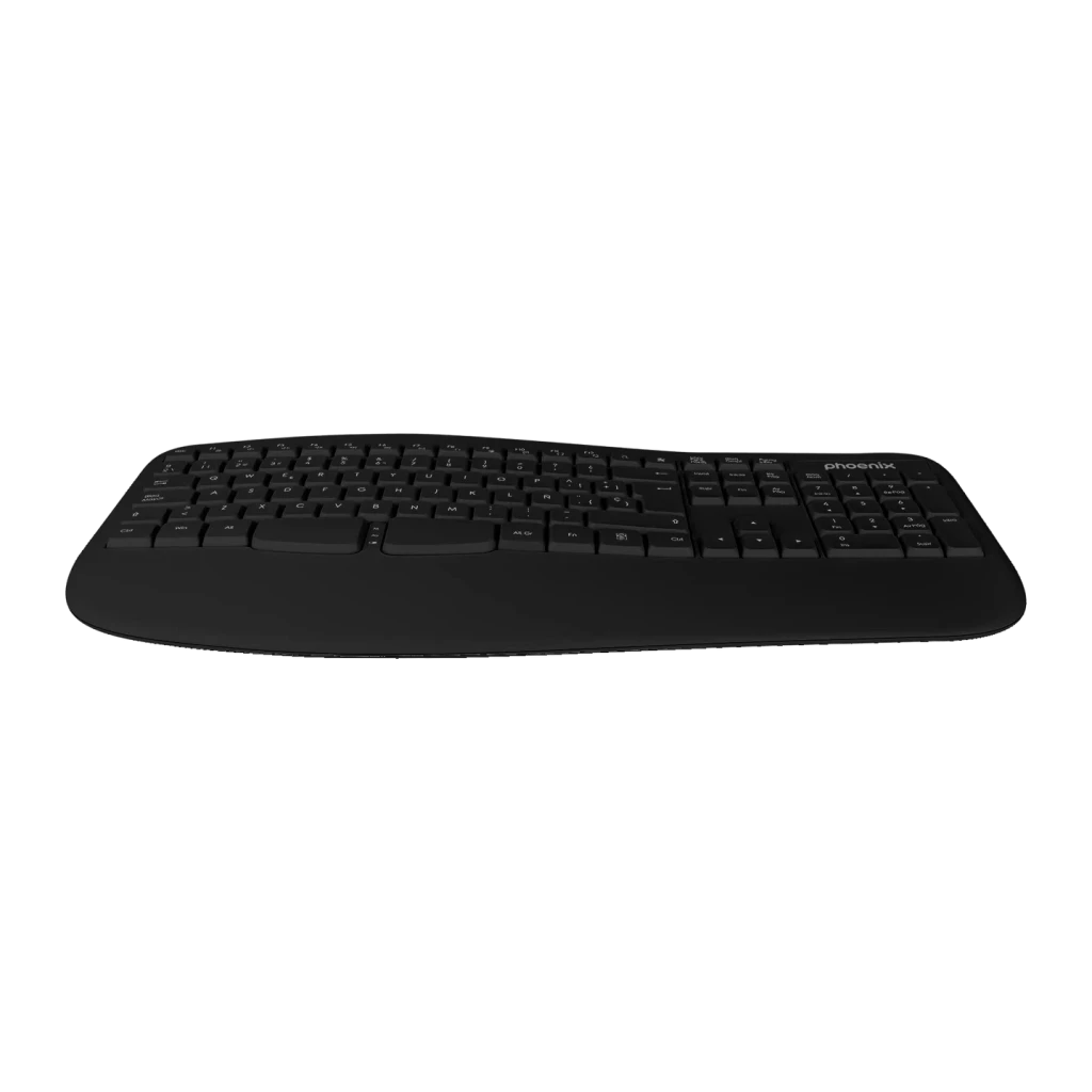 Clavier Phoenix K201 Noir Sans Fil 2.4 GHz Ergonomique avec repose-poignets, vue latérale: profil bas et repose-poignets