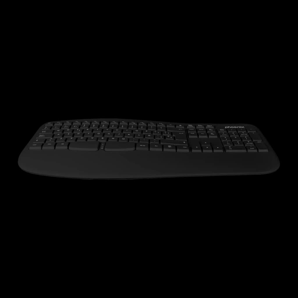 Clavier Phoenix K201 Noir Sans Fil 2.4 GHz Ergonomique avec repose-poignets, vue latérale: profil bas et repose-poignets
