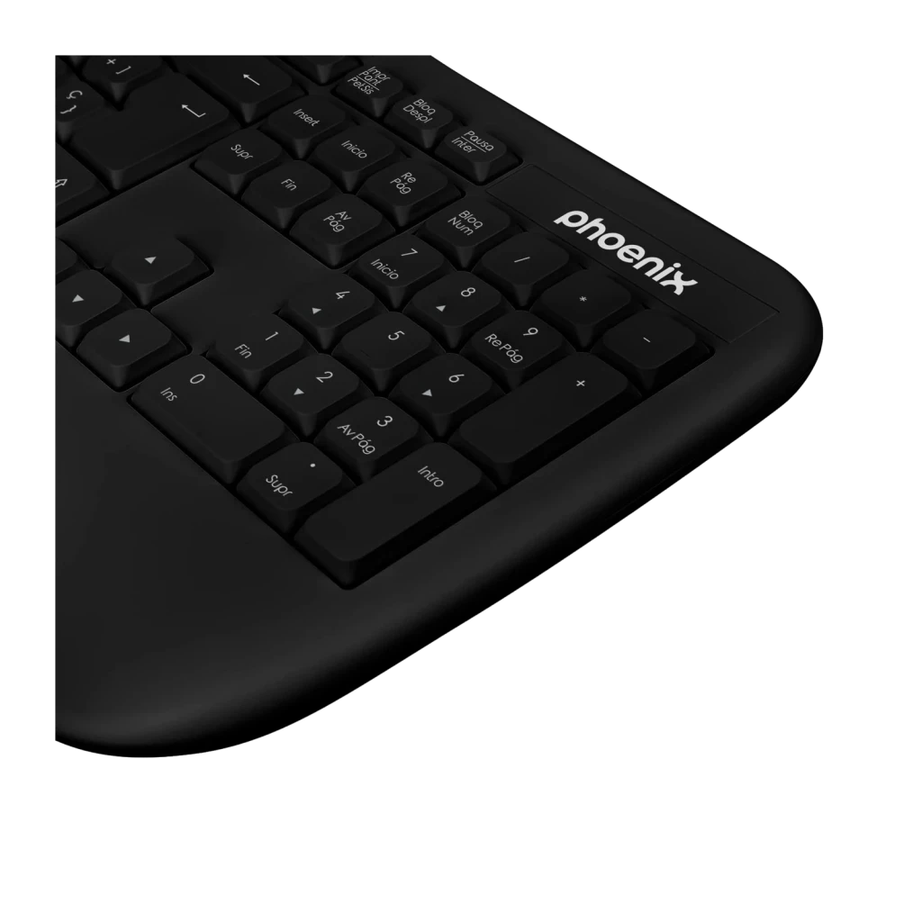 Clavier Phoenix K201 Noir Sans Fil 2.4 GHz Ergonomique avec repose-poignets, détail: pavé numérique et logo Phoenix