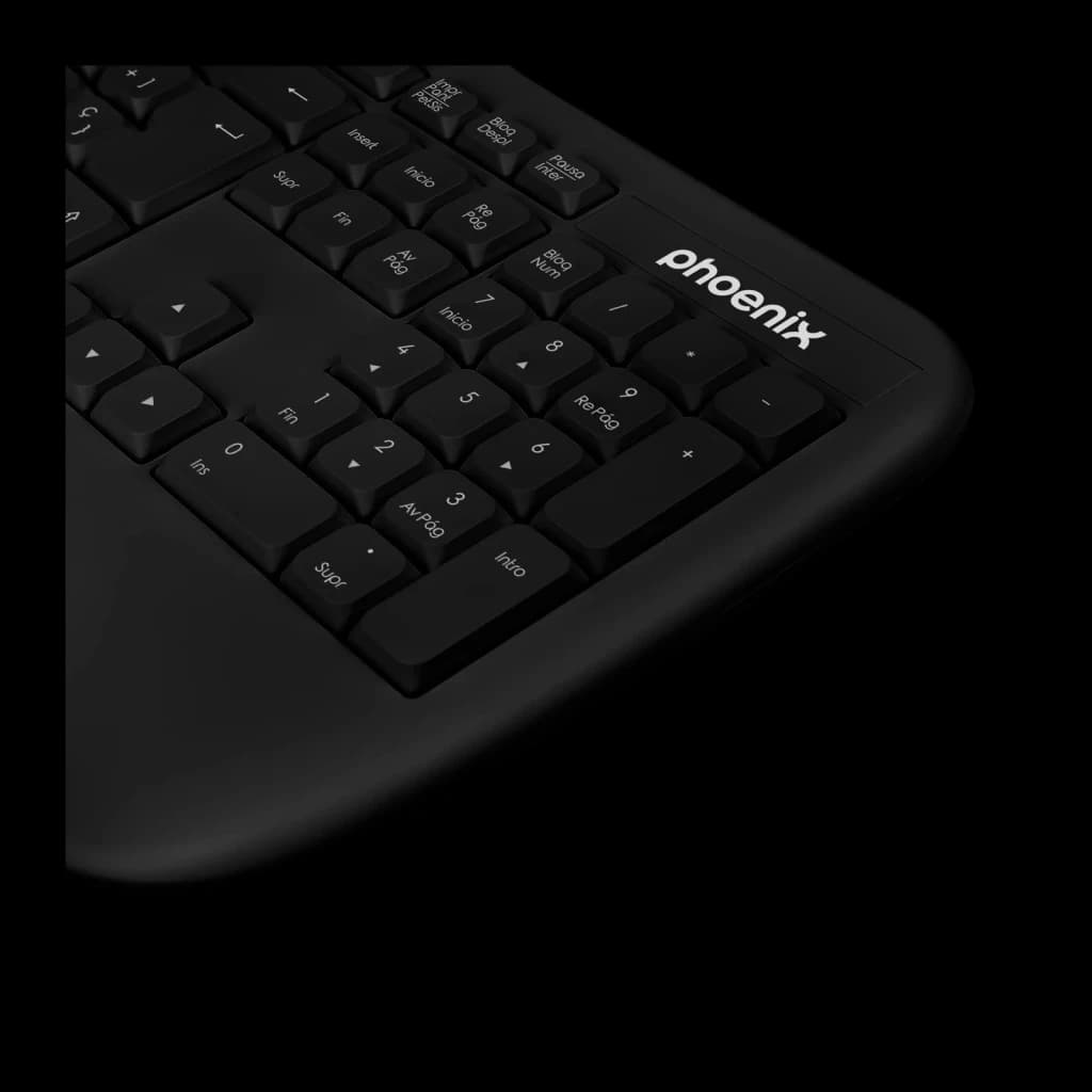 Clavier Phoenix K201 Noir Sans Fil 2.4 GHz Ergonomique avec repose-poignets, détail: pavé numérique et logo Phoenix