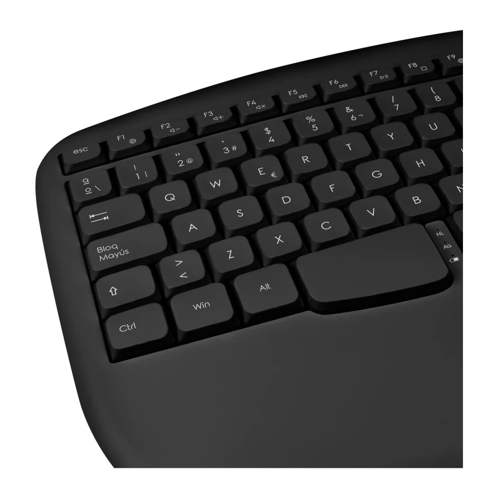 Clavier Phoenix K201 Noir Sans Fil 2.4 GHz Ergonomique avec repose-poignets, détail gauche: touches QWERTY, disposition