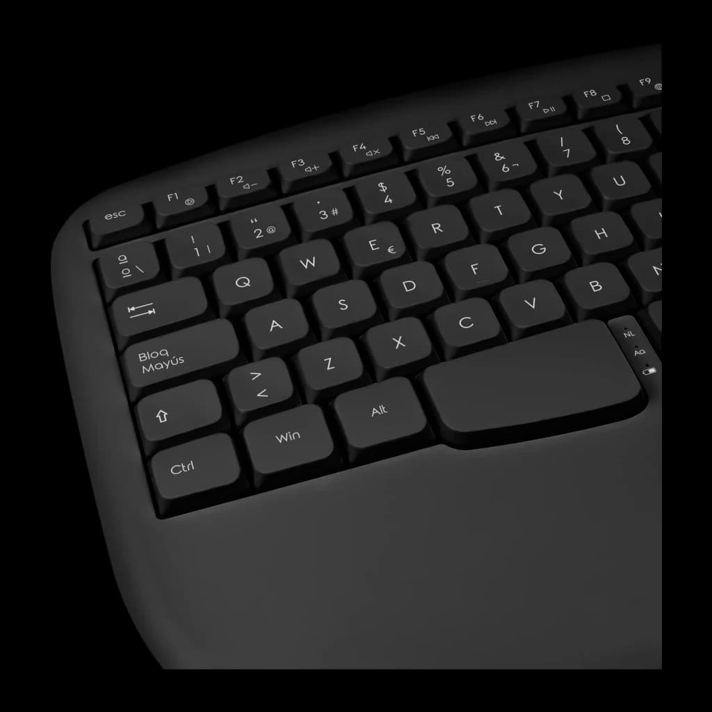 Clavier Phoenix K201 Noir Sans Fil 2.4 GHz Ergonomique avec repose-poignets, détail gauche: touches QWERTY, disposition