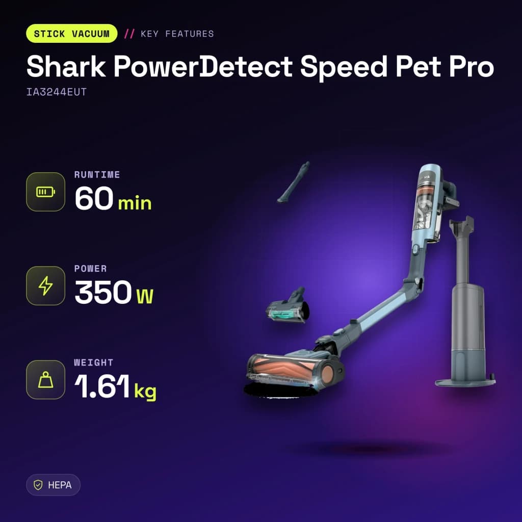 Aspiradora Escoba Shark PowerDetect Speed Pet Pro Azul Sin Cable 350W 60min IA3244EUT - características