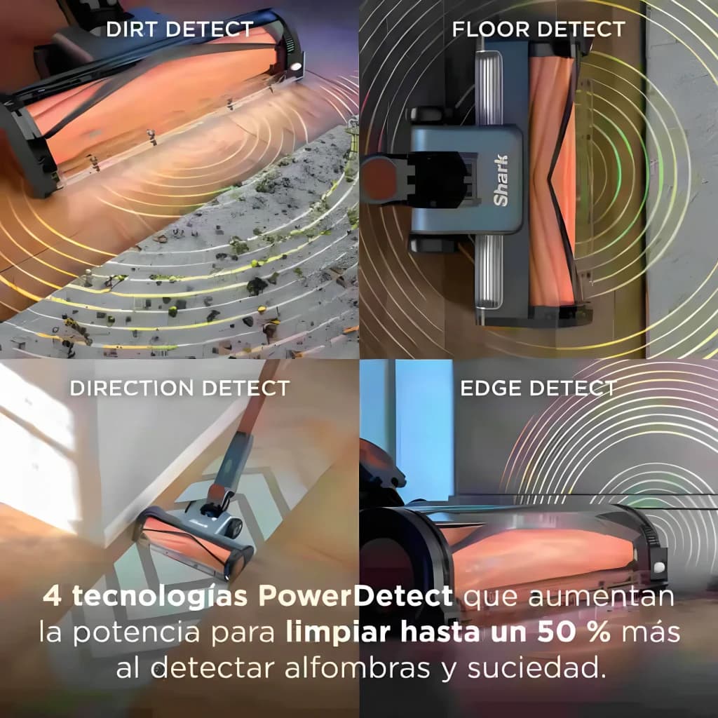 Aspiradora Escoba Shark PowerDetect Speed Pet Pro Azul Sin Cable 350W 60min IA3244EUT, infografía: 4 tecnologías Dirt