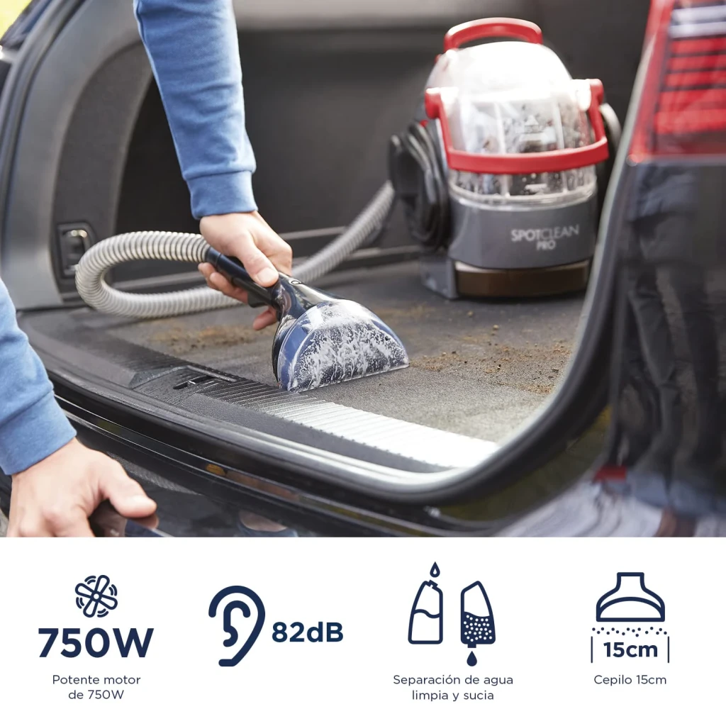 Nettoyeur de taches BISSELL SpotClean Pro 1558N 750W câble 6,7m, en action: nettoyage coffre voiture avec brosse, icônes