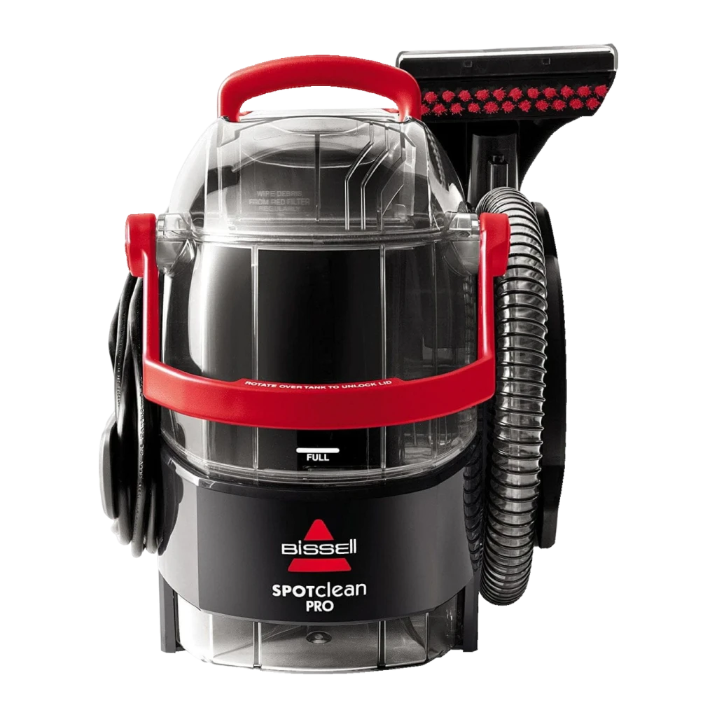 Nettoyeur de taches BISSELL SpotClean Pro 1558N 750W câble 6,7m, vue avant: réservoir transparent, poignée rouge et brosse