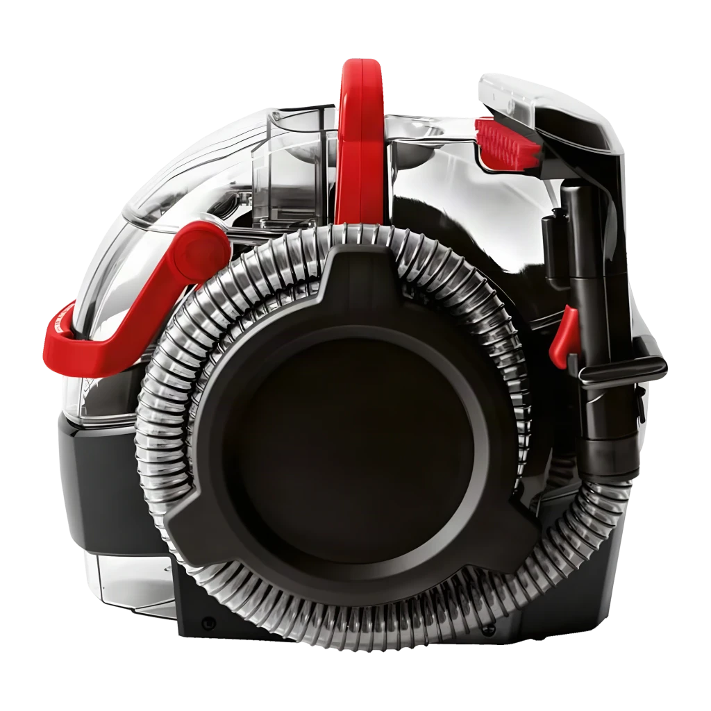 Nettoyeur de taches BISSELL SpotClean Pro 1558N 750W câble 6,7m, vue latérale: tuyau enroulé, réservoir transparent