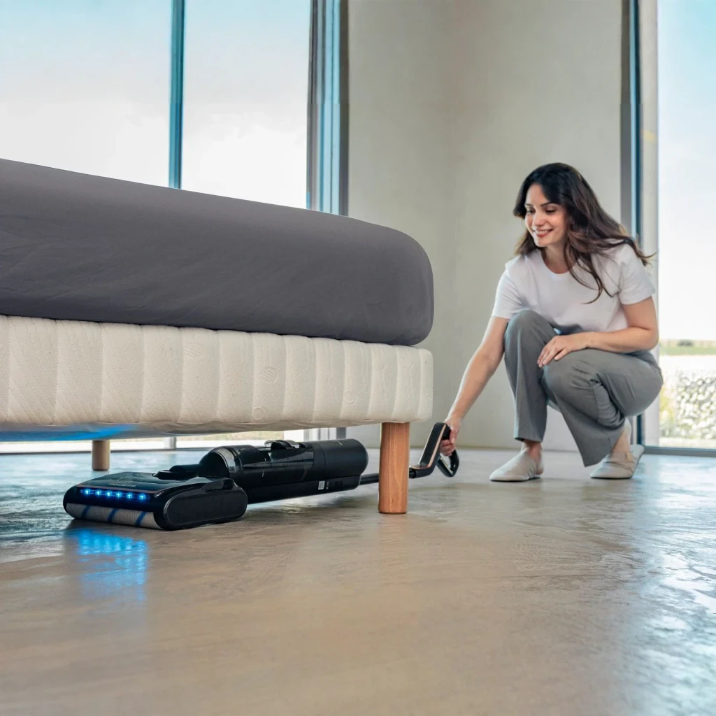 Aspiradora Escoba Rowenta X-Clean 7 Negro/Rosa Seca y Húmeda Sin Cable 50min GZ5736E0, uso: mujer limpiando bajo la cama