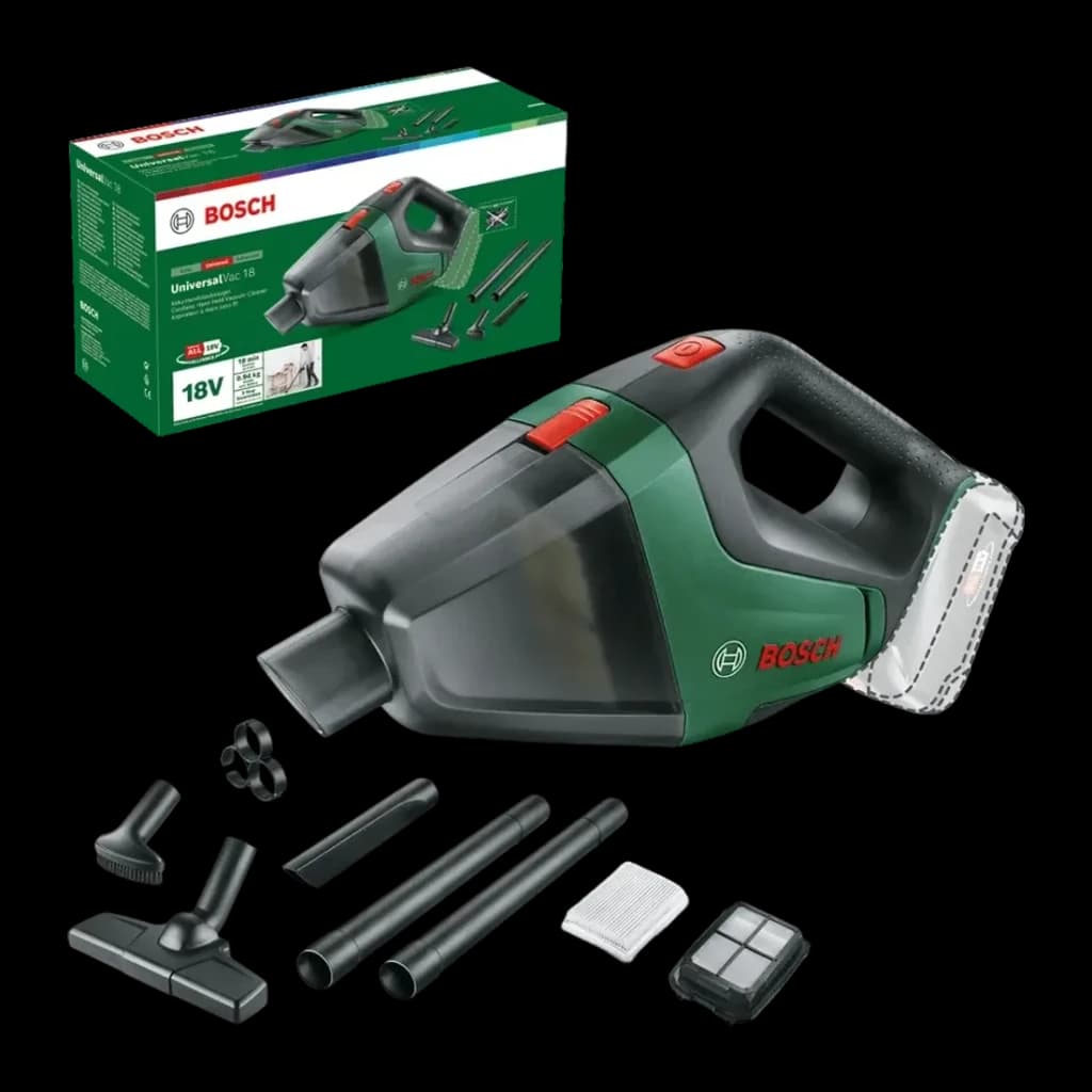 Aspirateur à main Bosch UniversalVac 18 Noir/Vert Sans Fil Sans batterie, ensemble: aspirateur, accessoires et boîte
