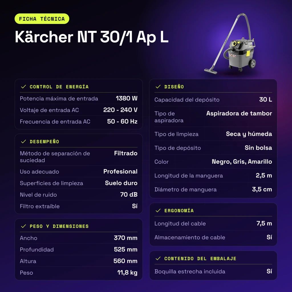 Aspiradora de tambor Kärcher NT 30/1 Ap L 25,4 kPa 1380W - características