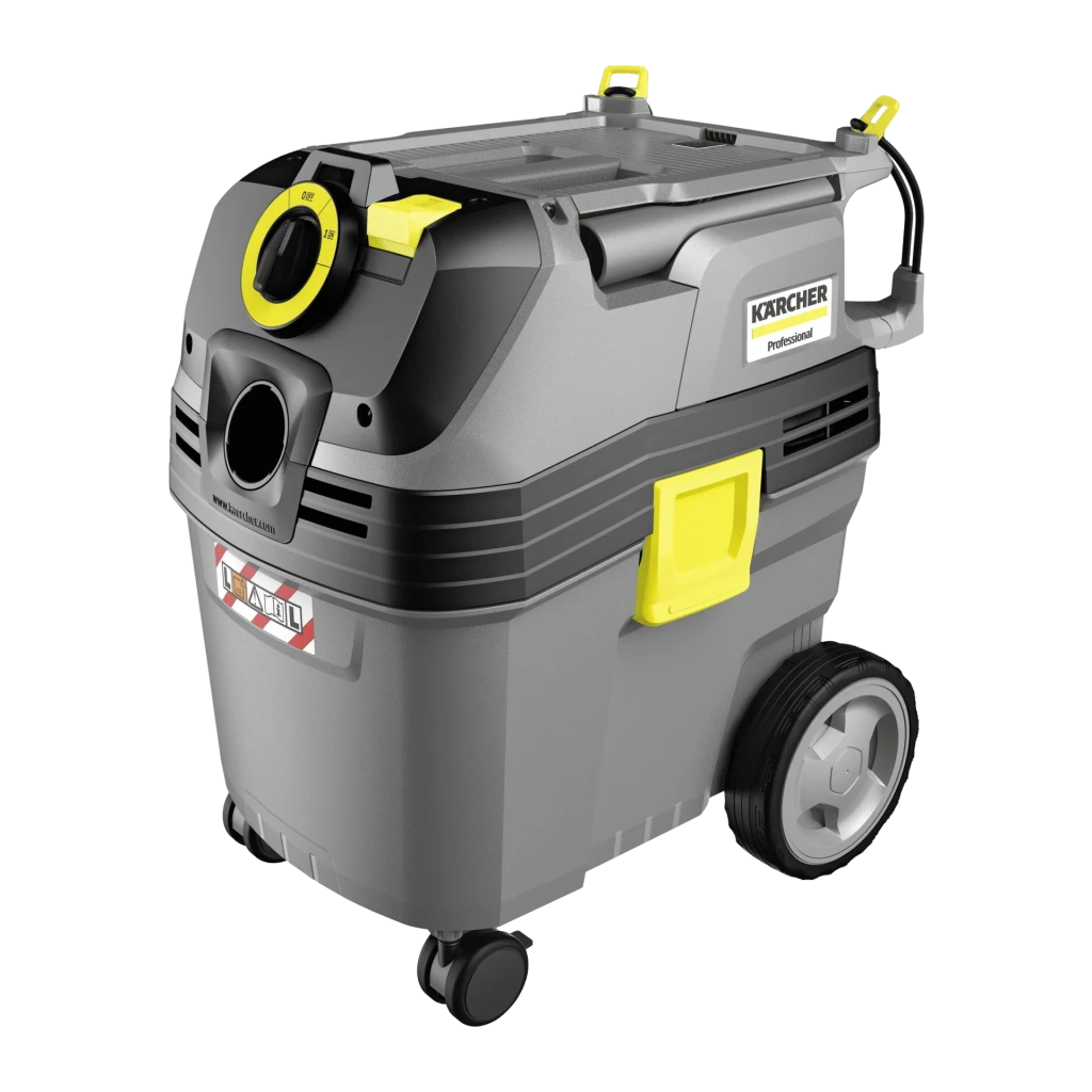 Aspiradora de tambor Kärcher NT 30/1 Ap L 25,4 kPa 1380W, vista en ángulo: cuerpo gris con detalles amarillos, ruedas y toma