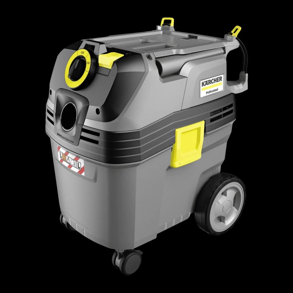 Aspiradora de tambor Kärcher NT 30/1 Ap L 25,4 kPa 1380W, vista en ángulo: cuerpo gris con detalles amarillos, ruedas y toma