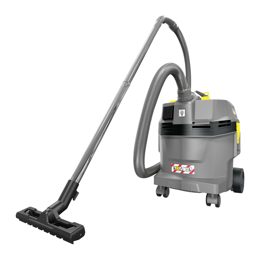 Aspiradora de tambor Kärcher NT 30/1 Ap L 25,4 kPa 1380W, vista lateral: tambor gris con ruedas, manguera flexible