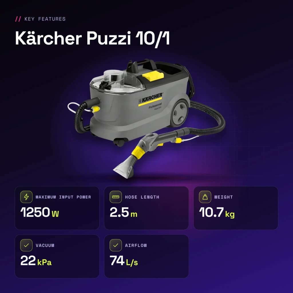 Aspirador de tapetes Kärcher Puzzi 10/1 Cinzento Preto/Amarelo 22kPa 1250W Húmido - características