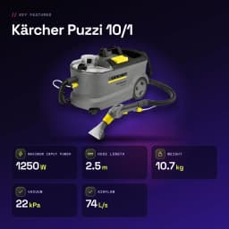 Aspirador de tapetes Kärcher Puzzi 10/1 Cinzento Preto/Amarelo 22kPa 1250W Húmido - características