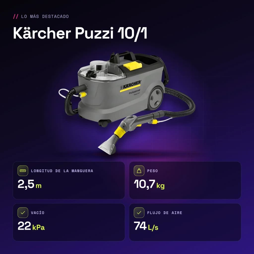 Aspirador de tapetes Kärcher Puzzi 10/1 Cinzento Preto/Amarelo 22kPa 1250W Húmido - características