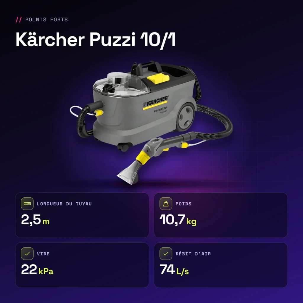 Aspirador de tapetes Kärcher Puzzi 10/1 Cinzento Preto/Amarelo 22kPa 1250W Húmido - características
