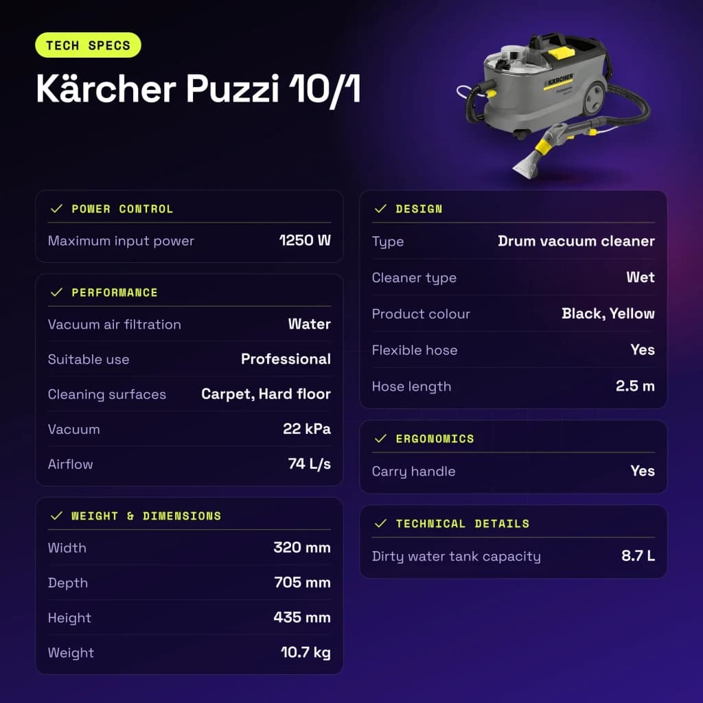Aspirador de tapetes Kärcher Puzzi 10/1 Cinzento Preto/Amarelo 22kPa 1250W Húmido - características