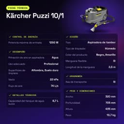 Aspirador de tapetes Kärcher Puzzi 10/1 Cinzento Preto/Amarelo 22kPa 1250W Húmido - características