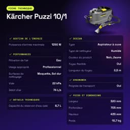 Aspirador de tapetes Kärcher Puzzi 10/1 Cinzento Preto/Amarelo 22kPa 1250W Húmido - características